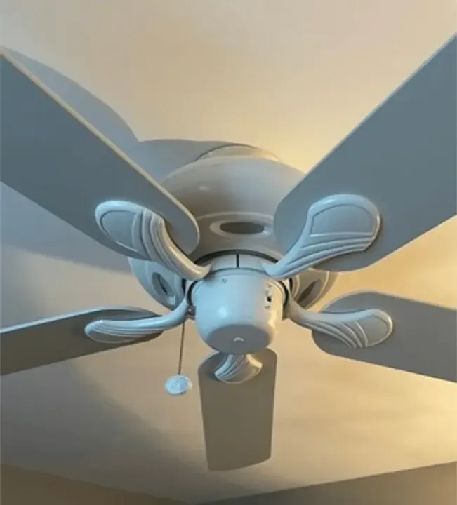 A white ceiling fan with a light kit installed on a bedroom ceiling