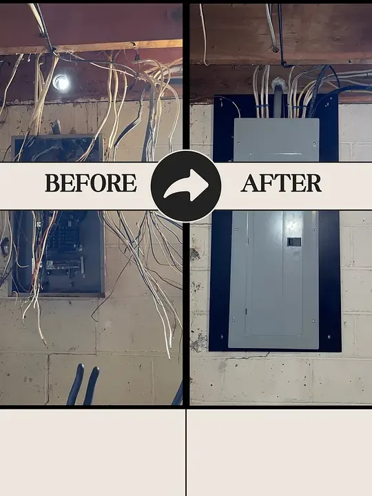 Before and after: a basement panel with loose tangled cables, then a new panel with the wiring dressed in neatly