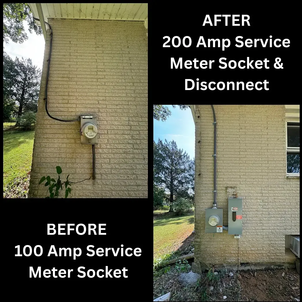 Before and after: a 100 amp meter socket on a brick house replaced with a 200 amp meter socket and service disconnect