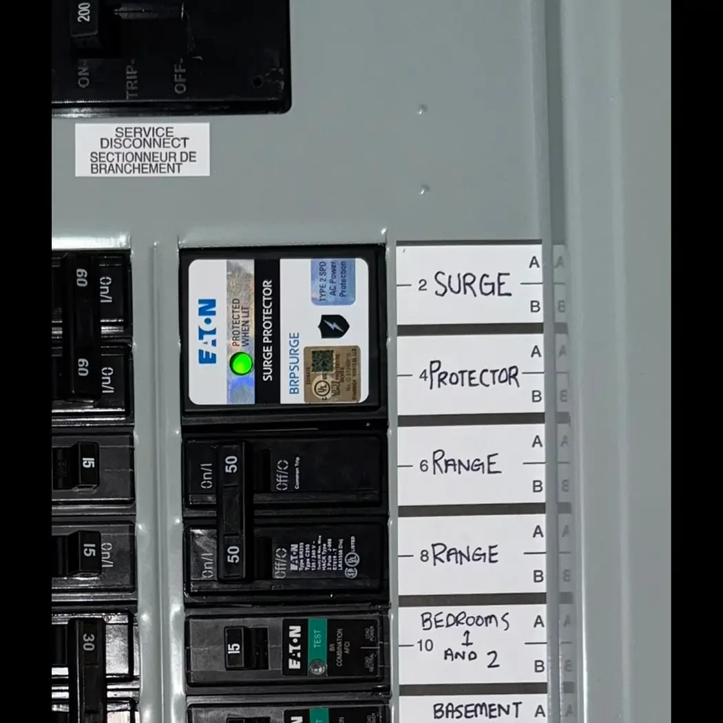 An Eaton surge protective breaker in a panel with every circuit hand-labeled: surge protector, range, bedrooms, basement